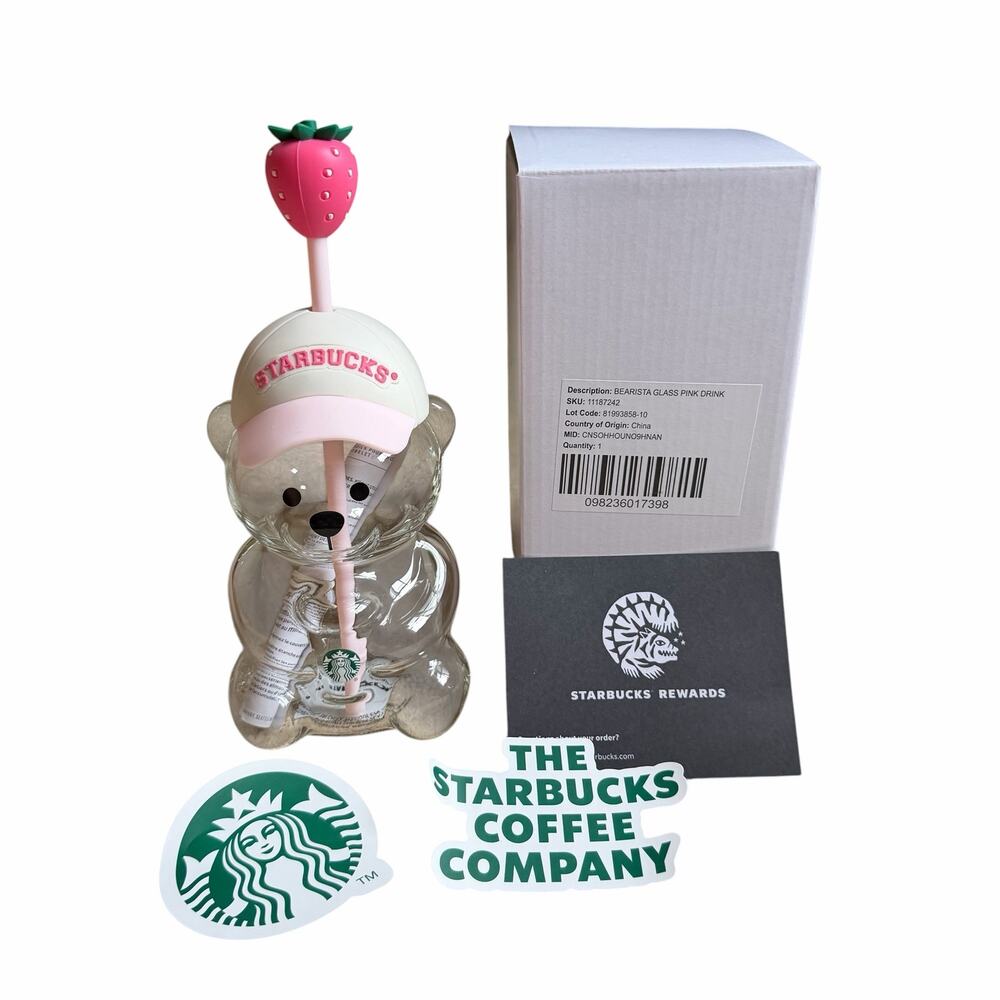 Starbucks Bearista Glass Strawberry Pink Hat and Straw NWT